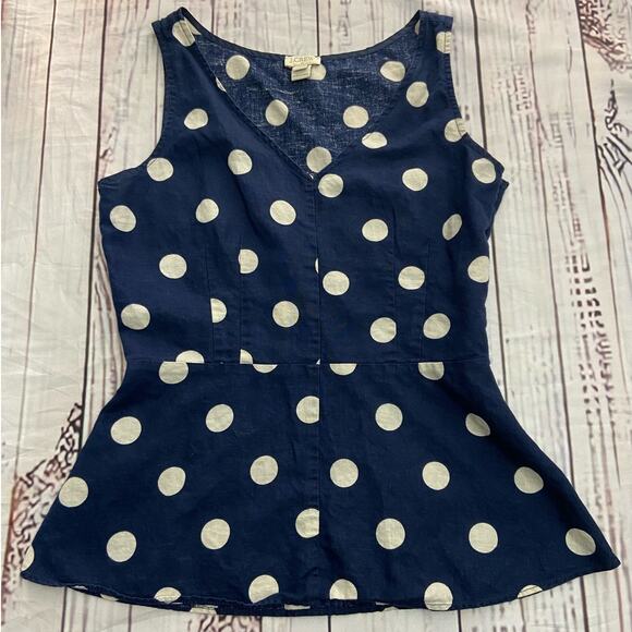 J.Crew Sleeveless Peplum Top Womens 00 Polka Dot Side Zip Linen Blend Navy White - Picture 1 of 10
